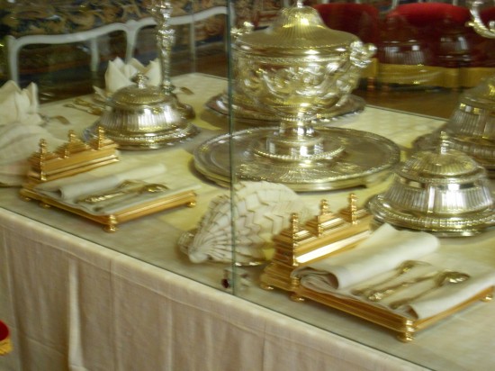 Table setting for two. Meals were eaten in public because Louis XIV believed the royals did not have private lives. Table setting for two.