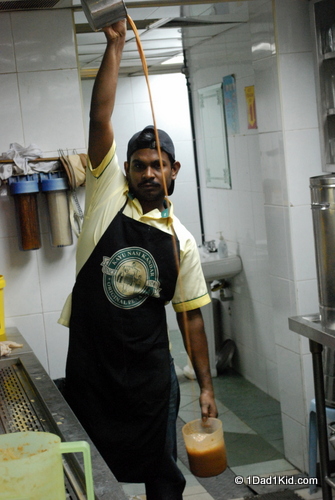 Showing us the Tamil technique for “pulling” tea so that it is extra frothy