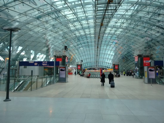 Ticket counters and waiting area for the train station at the Frankfurt airport.