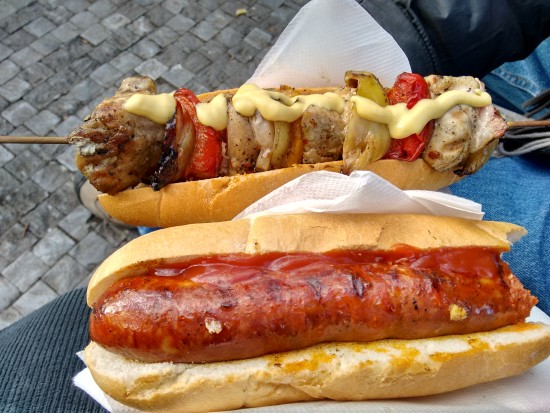 One sausage and one chicken w/ bell peppers and onions.