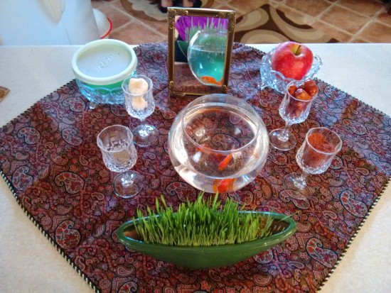 Sofreh Haft Sin, or 7 S. Seven symbolic items on display for Norooz.