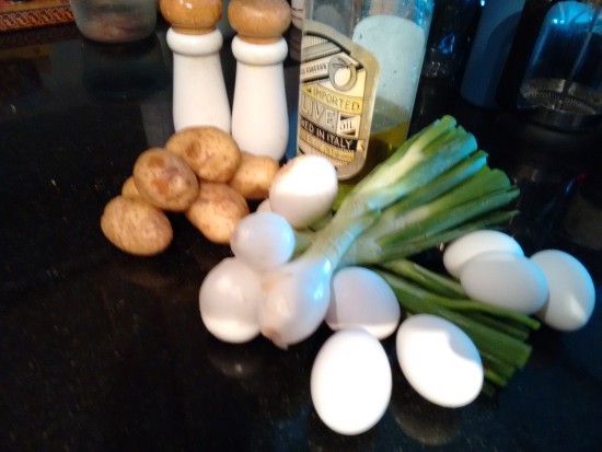Potatoes, onions, eggs, olive oil, salt and pepper. That's it!